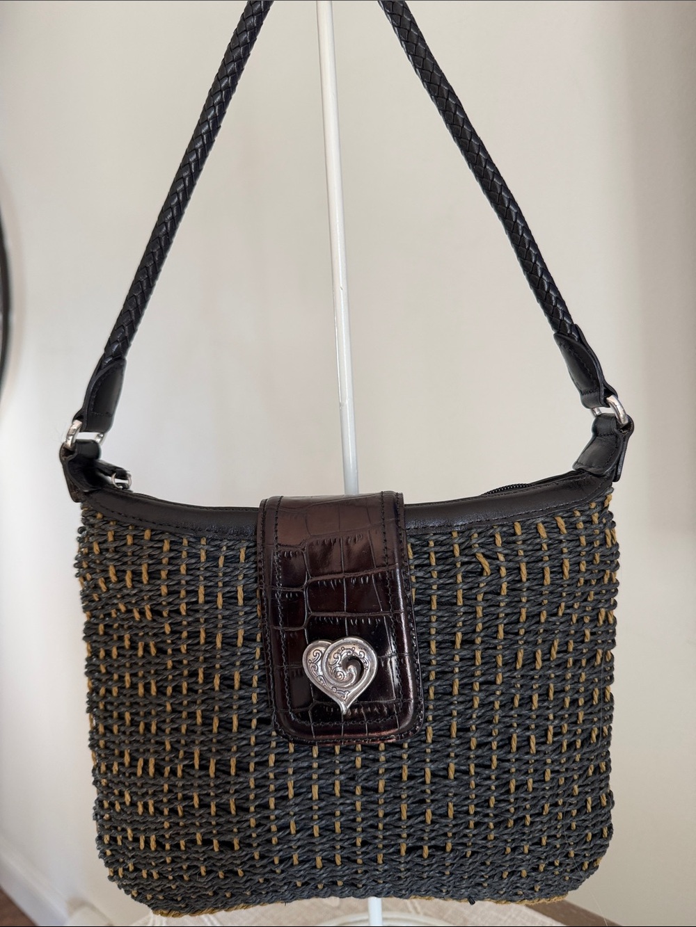 Brighton Black Woven Shoulder Bag with Brown Flap and Silver Heart Accent